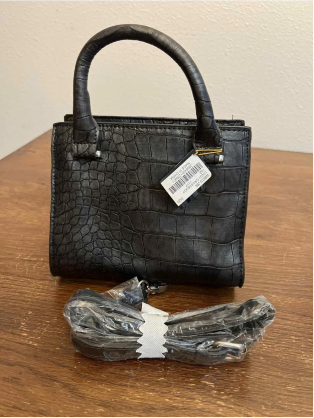 Bebe New Croc Embossed Structured Satchel Purse Handbag Large Black Top Handle